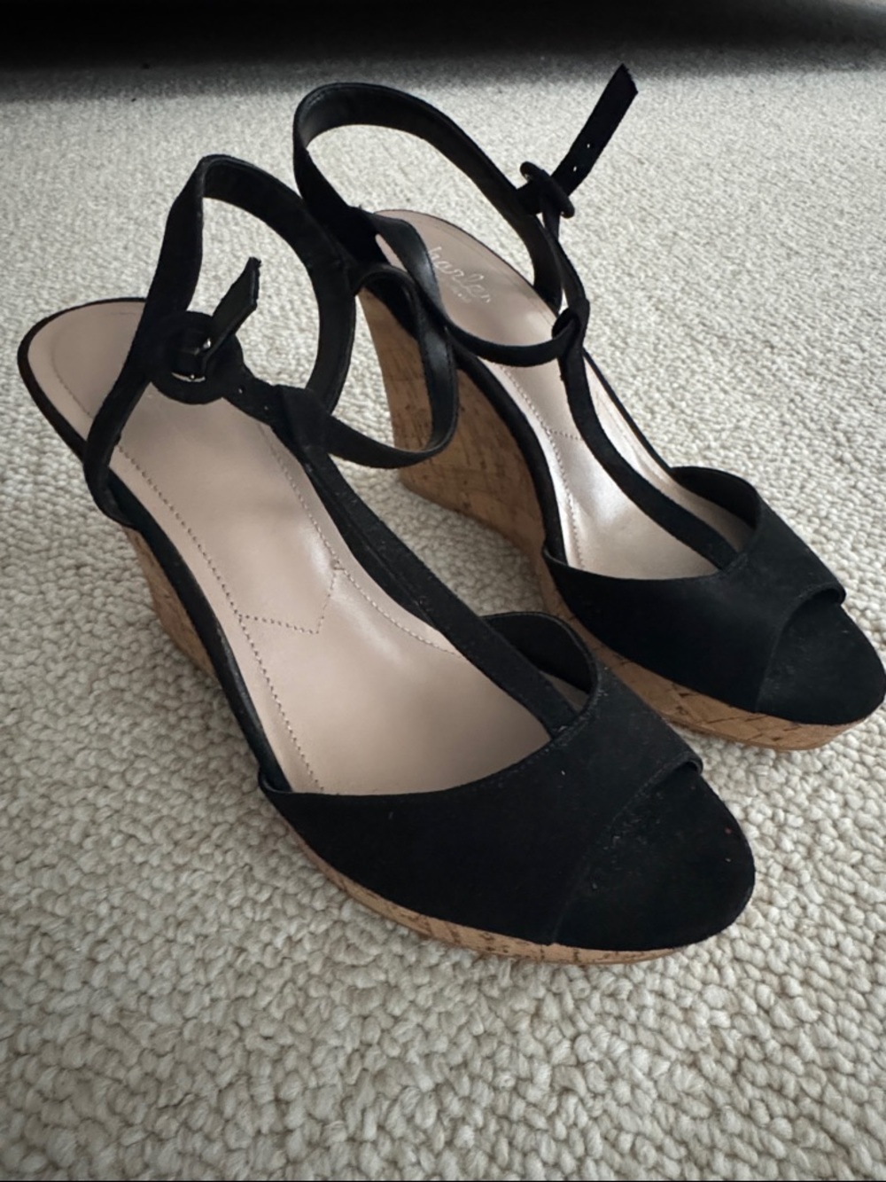 Black Suede Cork Wedge Sandals - Women's Open Toe Heels